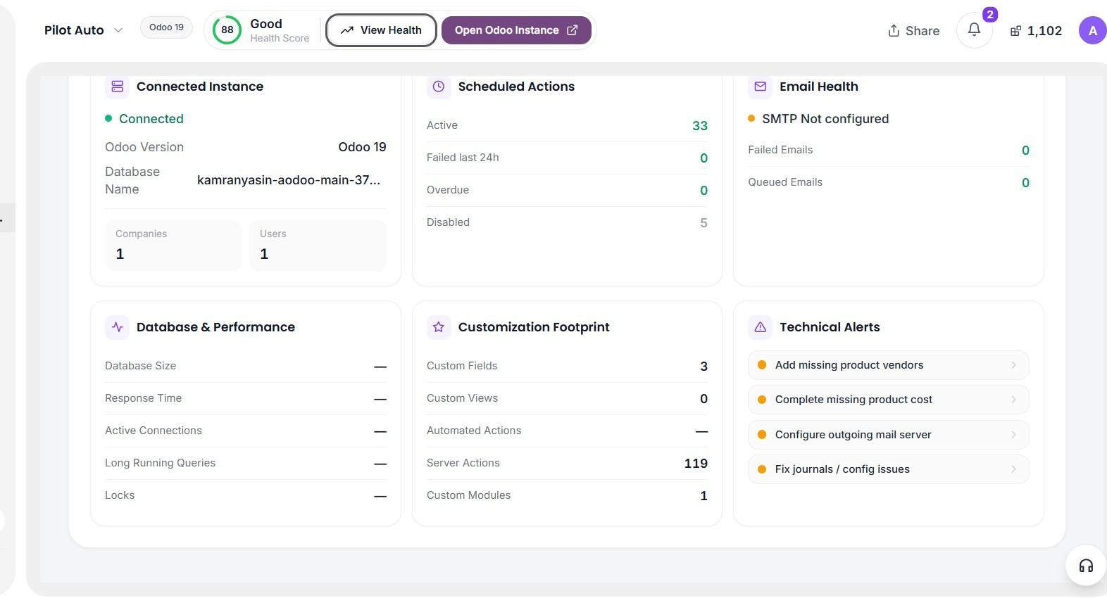 Pilot Health’s lower sections for a connected Odoo 19 database: Connected Instance, Scheduled Actions, Email Health, Database and Performance, Customisation Footprint and Technical Alerts.